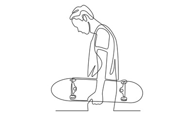 Obraz na płótnie Canvas Continuous line of man holding skateboard