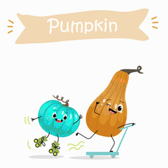 Vector illustration of funny cartoon pumpkins, ride a scooter, healthy food, kitchen, ingredients, kids t-shirt design, halloween card.
