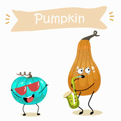 Vector illustration of funny cartoon pumpkins, playing the saxophone, with a cocktail, having fun, healthy food, cuisine, ingredients, kids t-shirt design, halloween card.