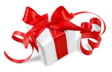 Cute gift box with  ribbon bow, isolated on white