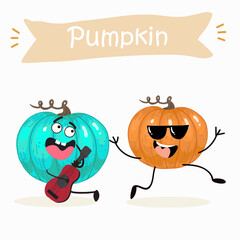 Vector illustration of funny cartoon pumpkins, playing guitar, ukulele, having fun, healthy food, cuisine, ingredients, kids t-shirt design, halloween card.