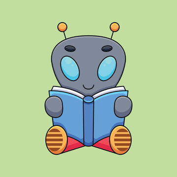cute alien reading book cartoon mascot doodle art hand drawn concept vector kawaii icon illustration