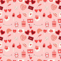 Happy Valentine's Day seamless pattern. Romantic elements and hearts.
