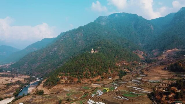 Aerial view of Khamsum Yulley Namgyal Chorten in Punakha Valley in Bhutan