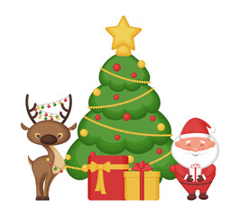 Christmas tree, Santa Claus, reindeer and gifts. Concept with cartoon characters.