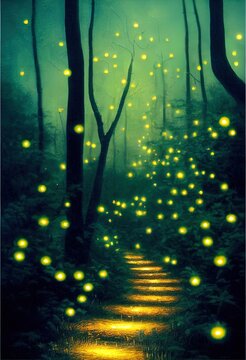 Forest path with glowing fireflies