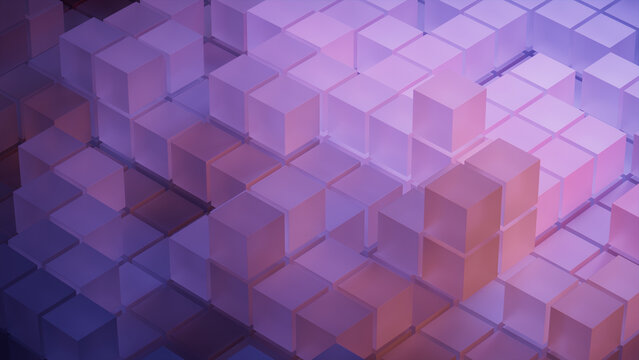 Violet and Orange, Translucent Blocks Neatly Arranged to create a Modern Tech Background. 3D Render.
