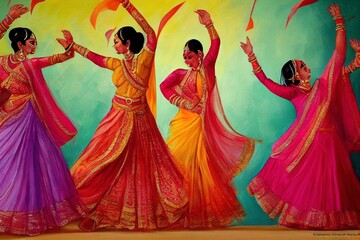Dancing Dandiya girls at Navratri, Happy Durga Puja and Dussehra - obrazy, fototapety, plakaty