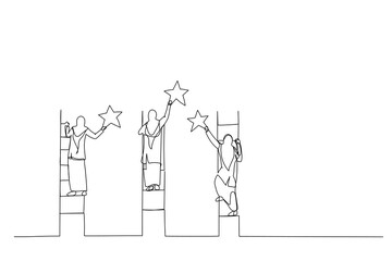 Drawing of muslim woman reach stars with stairs on clouds. Continuous line art