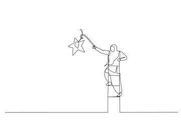 Cartoon of muslim woman climbing up ladder to the top high into the sky to grab the star. One continuous line art style