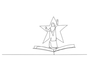 Illustration of muslim woman standing on flying book on star. Single line art style