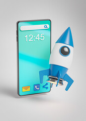 Startup Concept Blue Rocket Smartphone Launch Project Business 3D Render © natanaelginting
