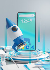 Startup Concept Blue Futuristic HUD Rocket Smartphone Launch Project Business 3D Render © natanaelginting