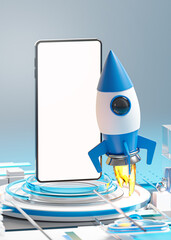 Startup Concept Blue Futuristic Rocket Smartphone Launch Project Business Mockup Template 3D Render © natanaelginting