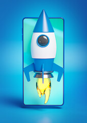 Startup Concept Blue Rocket Smartphone Launch Project Business Simple 3D Render © natanaelginting