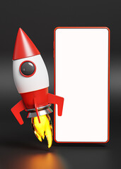 Startup Concept Red Rocket Smartphone Launch Project Business Mockup Template 3D Render © natanaelginting