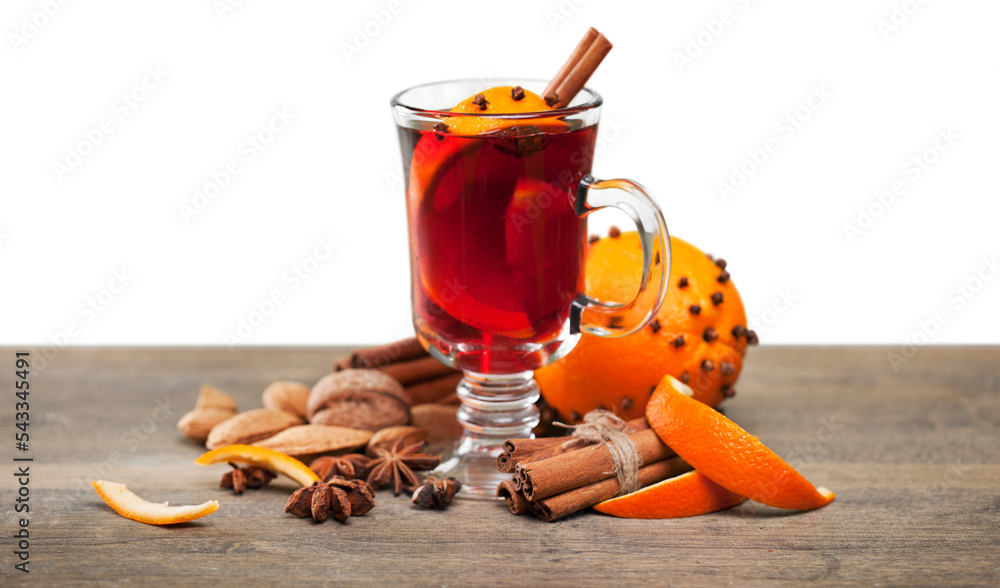 Sticker hot tea and orange fruit on sill