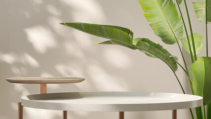 Wooden round side table with green tropical banana plant and beautiful sun light and leaf shadow on...