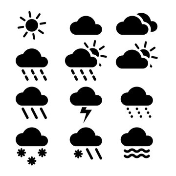 Simple weather icon set black color illustration vector isolated on white background. Weather Forecast.