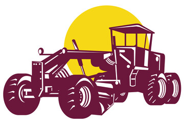 Illustration of vintage road grader viewed from the front done in retro style.