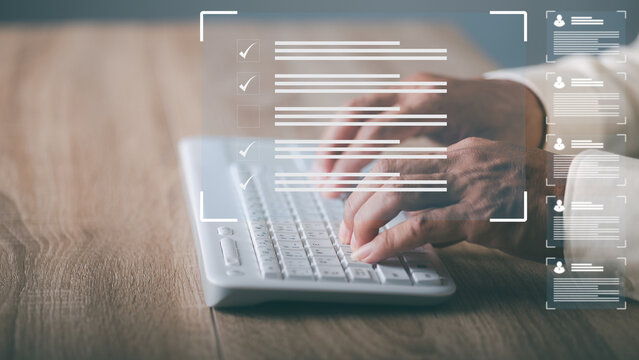 A Young Businessman Manages A Checklist Marked On The Clipboard. Human Resource And Document Management Concepts, Filling Out Online Survey Forms For Employees.