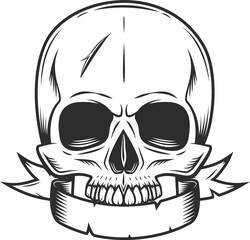 Skull without jaw with ribbon vintage monochrome style illustration