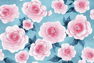 Mughal Art border Seamless pattern with watercolor flowers pink roses, repeat floral texture, vintage background hand drawing. Perfectly for wrapping paper, wallpaper, fabric and other printing.