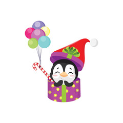Cute penguin in a gift box with candy cane and balloons vector isolated on white background. 