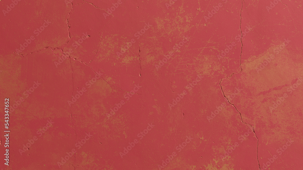 Poster red concrete background with cracks and yellow stains. 3d rendering
