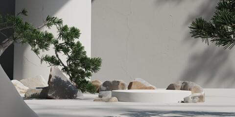 White cylindrical concrete Podium Product display on a soft white background. Decorated with Japanese bonsai trees and rocks with the morning light shining down.3D rendering