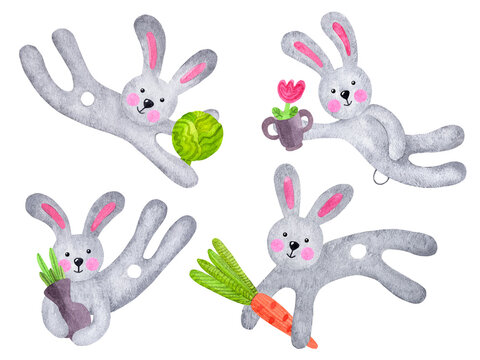 A set of watercolor illustrations, a cartoon gray hare on an isolated white background, a collection of cute rabbits with carrots and cabbage, a symbol of the eastern horoscope, Easter or Christmas.