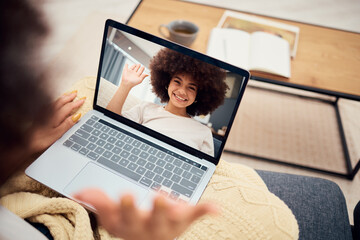 Laptop video call, webinar or woman wave to friend for communication, networking or collaboration...
