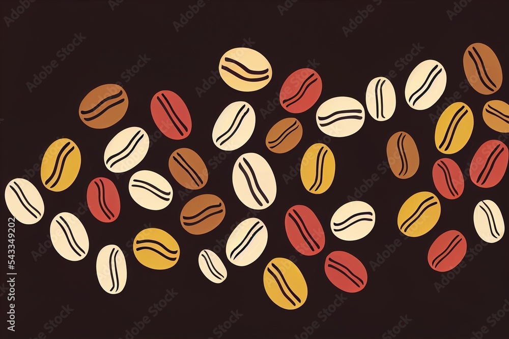 Poster  a bunch of different colored coffee beans on a black background with a brown border around them and a black background with a white border. Generative AI