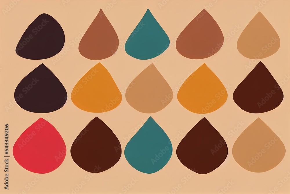 Poster  a painting of a group of different colors of drops of paint on a beige background with a black border. Generative AI