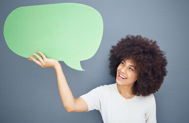 Happy black woman, speech bubble and studio background mockup space for advertising or product...