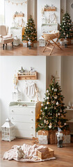 Winter holidays and vacations. Christmas and New Year decor background. Christmas tree and toys. Nursery Christmas decoration. Children's room interior