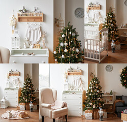 Winter holidays and vacations. Christmas and New Year decor background. Christmas tree and toys. Nursery Christmas decoration. Children's room interior