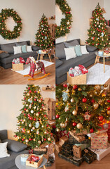 Living room interior. Christmas tree and wreath. New Year celebration. Vacation rentals. Winter holidays and vacations