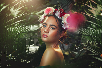 Flower, crown and woman in studio for makeup, beauty and skincare with plant, leaf and wellness....