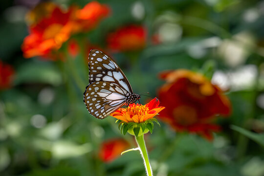Blue Tiger butterfly is drinking nectar from the yellow pollen on the orange flower. Nature and wildlife concept.