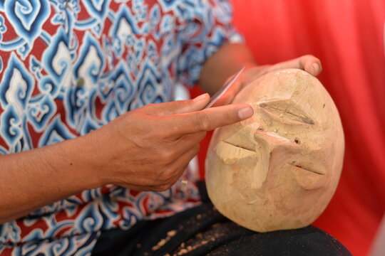 Making Topeng Dance Mask, The Symbol of human life which have 5 type, Panji, Samba, Rumyang, Tumenggung and Kelana.
