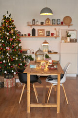 Kitchen christmas decor. Furniture and utensils. Christmas treat. New Year celebration. Winter holidays and vacations. Festive table
