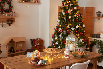 Kitchen christmas decor. Furniture and utensils. Christmas treat. New Year celebration. Winter holidays and vacations. Festive table