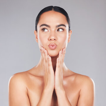 Skincare, lips care and beauty woman with facial cosmetics, luxury natural makeup or spa self care routine. Dermatology, healthcare and aesthetic model with clean glowing skin, wellness and puckering