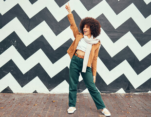 Fashion, black woman and happy against a wall, pattern and shape background in a city, happy,...