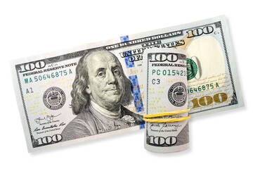 Top view of one hundred US dollars notes. PNG file with transparent background and soft shadow