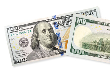 Top view of one hundred US dollars notes. PNG file with transparent background and soft shadow