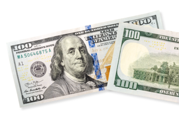 Top view of one hundred US dollars notes. PNG file with transparent background and soft shadow