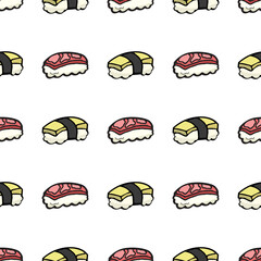 two styles of cute sushi, japanese food cartoon object seamless pattern, vector doodle art