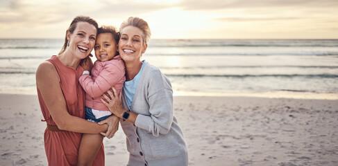 Lesbian, couple and portrait of family on beach together for travel vacation, happy and relax bonding by sea side. Happy homosexual parents, child smile and ocean sunset or relaxing in summer